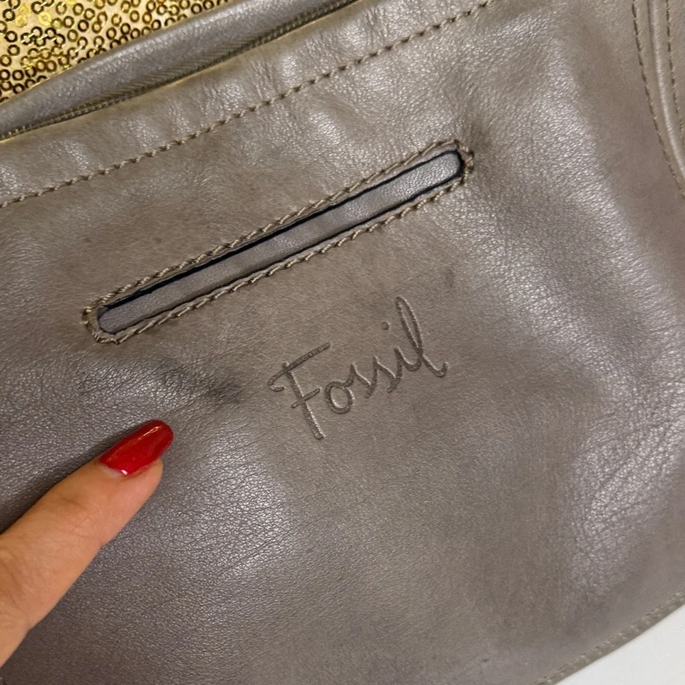 Fossil Hanover Leather Shoulder Bag in a gray color